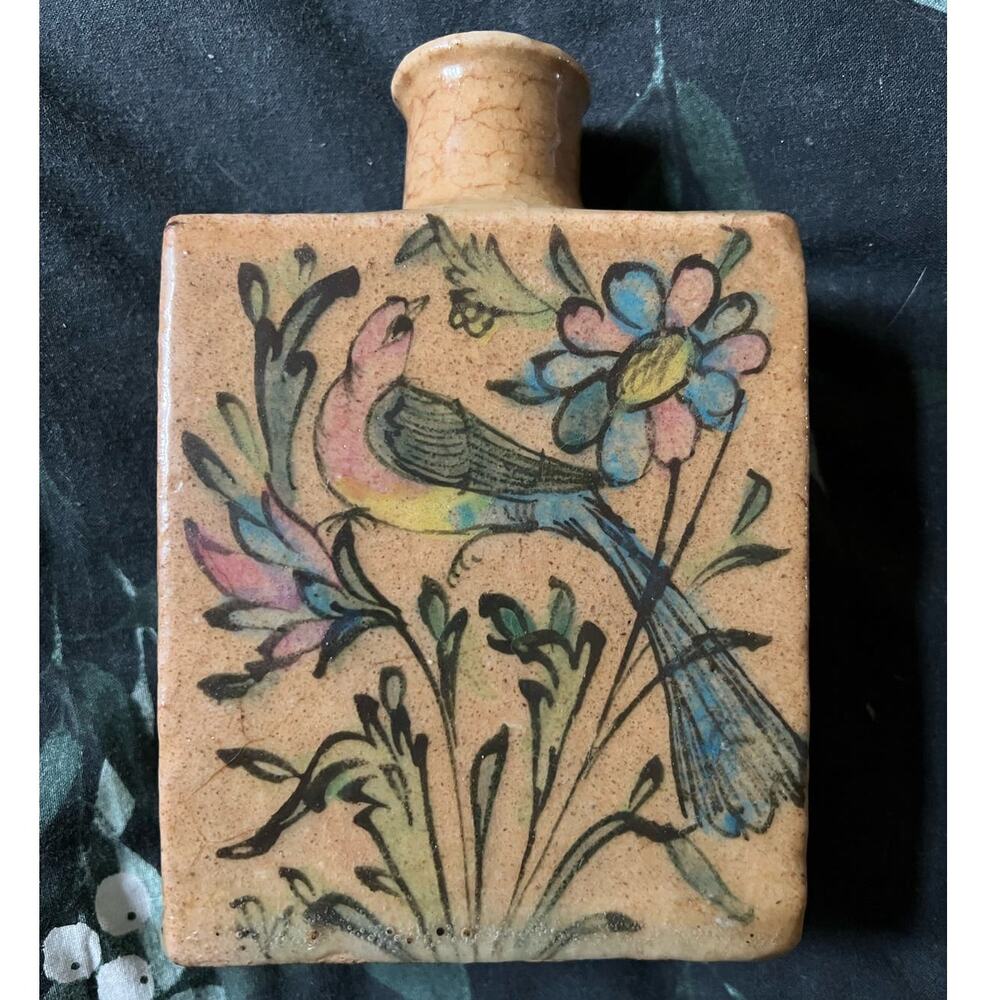 Antique Hand-Painted Iznik Qajar Vase - Peacock/Birds, Foliage/Flowers